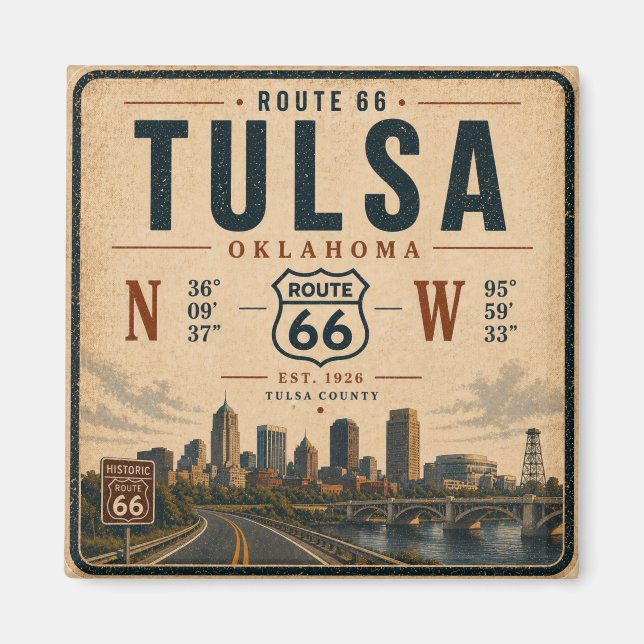 Tulsa Route 66 Fridge Coordinates Landmark Magnet (Front)