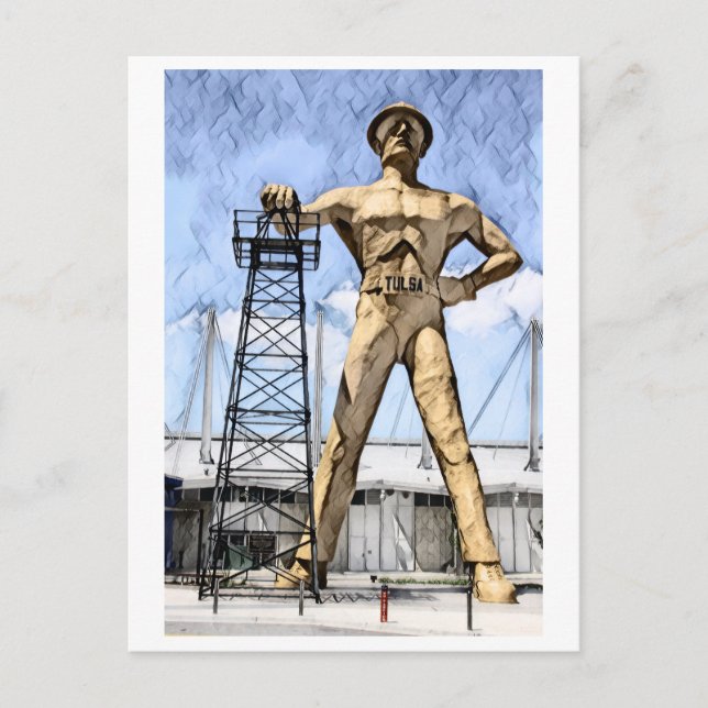 Tulsa's Golden Driller statue watercolor painting Postcard (Front)