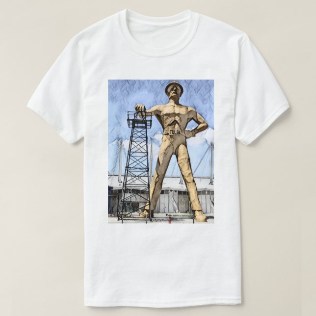 Tulsa's Golden Driller statue watercolor painting T-Shirt (Design Front)