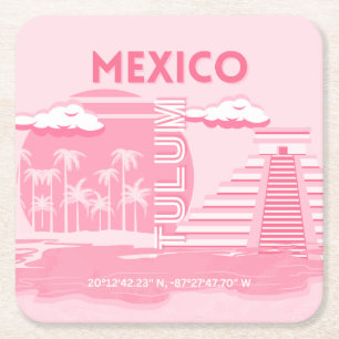 Tulum, Mexico, Travel Art, Pink Art Square Paper Coaster