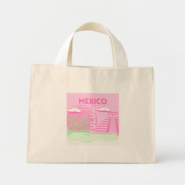 Tulum, Mexico, Travel Art, Preppy Art, Pink Mini Tote Bag (Front)