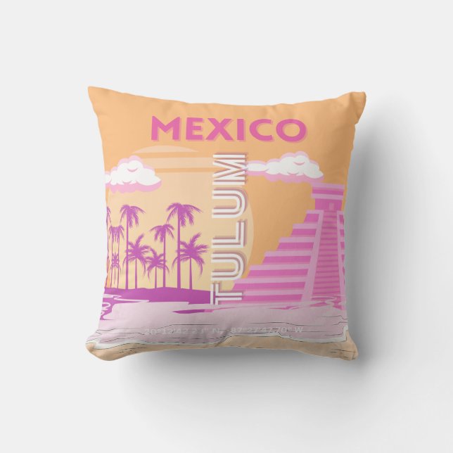 Tulum, Travel Art, Retro Art, Pink, Orange Cushion (Front)