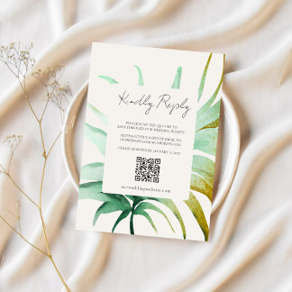 Tulum Watercolor Tropical Gold Palm Destination QR RSVP Card