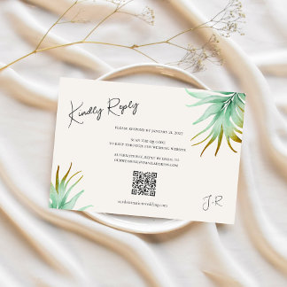 Tulum Watercolor Tropical Gold Palm Destination QR RSVP Card