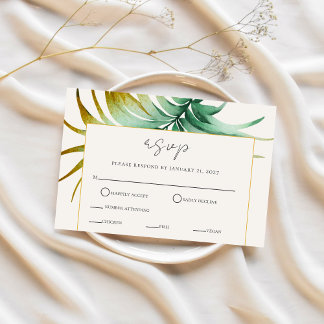 Tulum Watercolor Tropical Gold Palm Destination RSVP Card