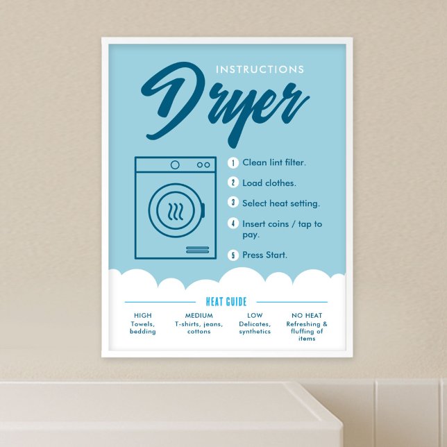 Tumble Dryer Instructions Laundromat Sign Poster (Fully editable blue and white tumble dryer instructions poster template)