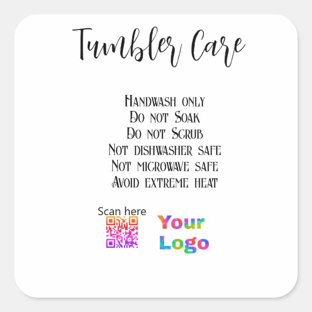 Tumbler care instructions add business name logo square sticker (Front)