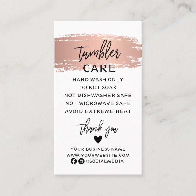Tumbler Care Instructions Card with Rose Gold (Front)