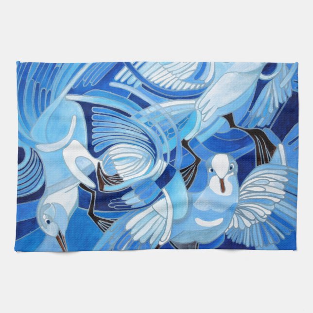 Tumbler Pigeons in Cerulean Blue Tea Towel (Horizontal)