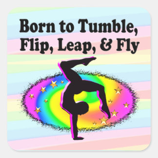 TUMBLING AND FLIPPING GYMNAST GIRL SQUARE STICKER