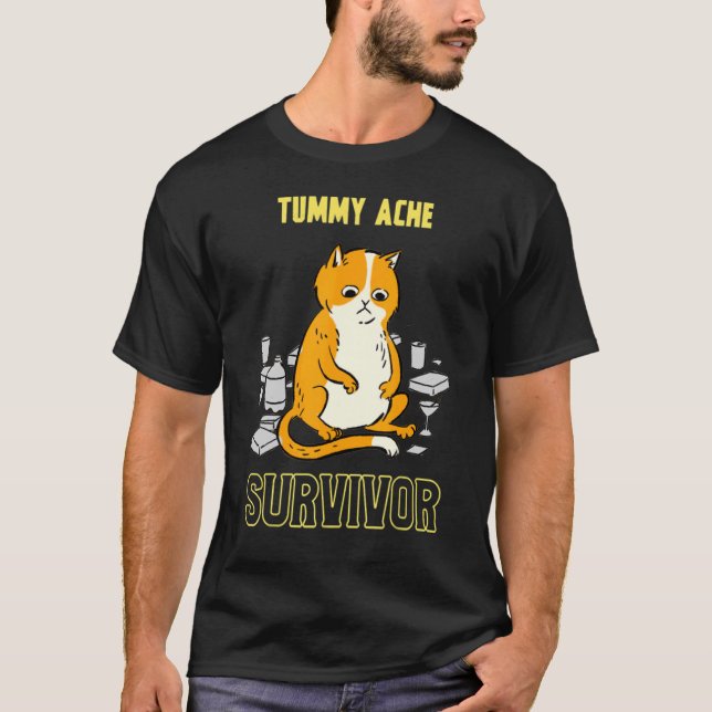 Tummy Ache Survivor Thinking Cat T-Shirt (Front)
