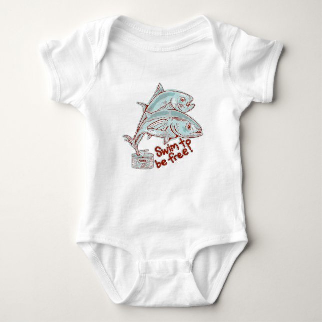 Tuna Fish esacping a tin Baby Bodysuit (Front)