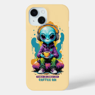 Tuned in Zoned out Coffee On   Cute Alien Art iPhone 15 Case