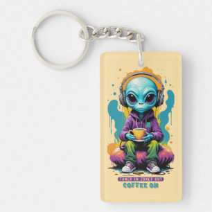 Tuned in Zoned out Coffee On   Cute Alien Art Key Ring