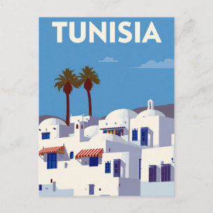 Tunisia Palm Trees Blue & White Art Postcard