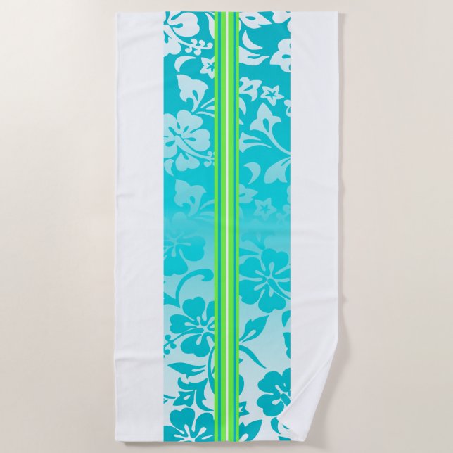 Tunnels Beach Hawaiian Hibiscus Surfboard Teal Beach Towel (Front)