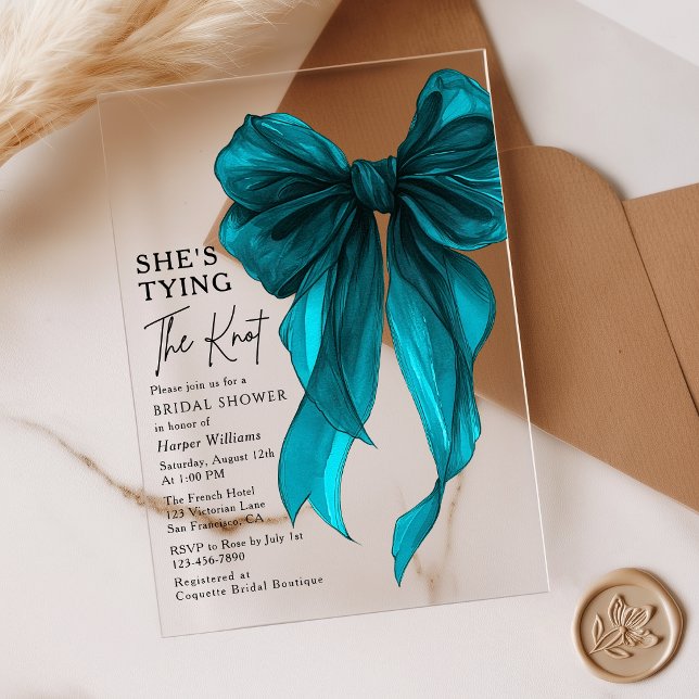 Tuquoise Bow She's Tying The Knot Bridal Shower Acrylic Invitations (Creator Uploaded)