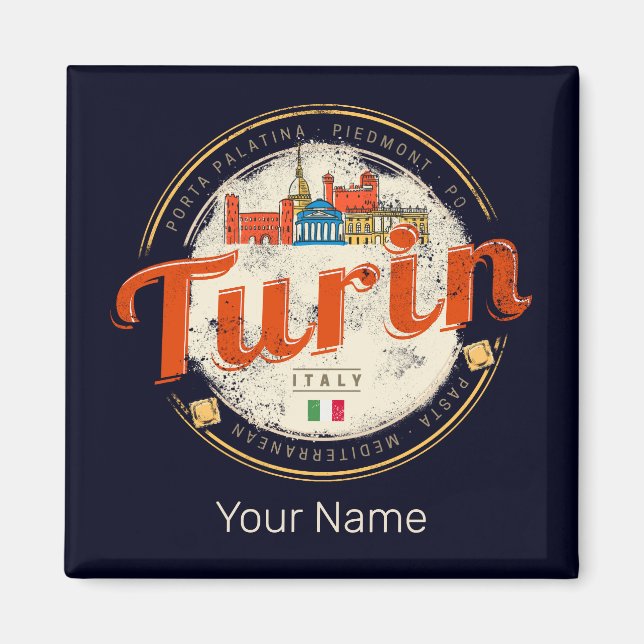Turin Piedmont Retro Skyline Italian Vintage Pasta Magnet (Front)