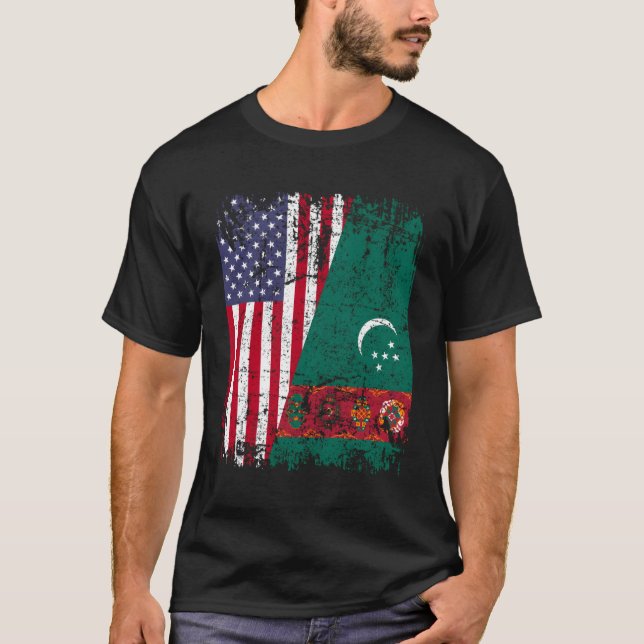Turk Roots Half American Flag Usa Turkistan Flag T-Shirt (Front)