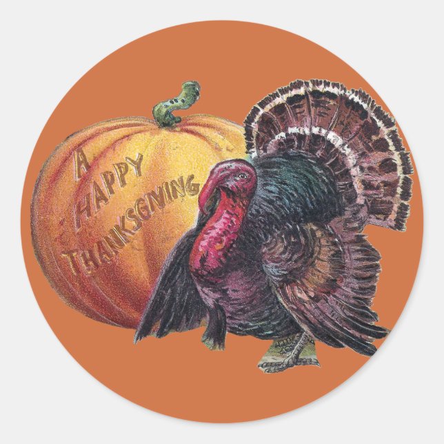 Turkey and Pumpkin Vintage Thanksgiving Classic Round Sticker (Front)