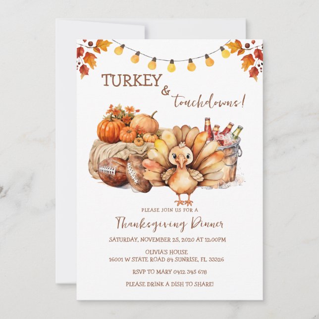 Turkey and Touchdown Thanksgiving Dinner  Invitation (Front)