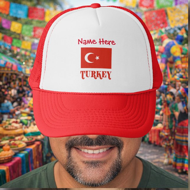 Turkey and Turkish Flag Red Personalisation  Trucker Hat (Personalized trucker hat has Turkish Flag and TURKEY below in red text. Add a name above in red, too)