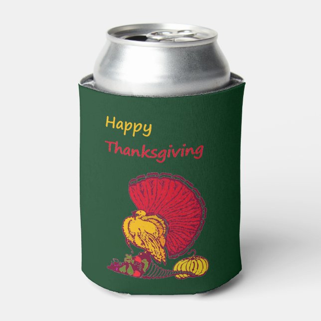Turkey and veggies happy Thanksgiving green Can Cooler (Can Front)