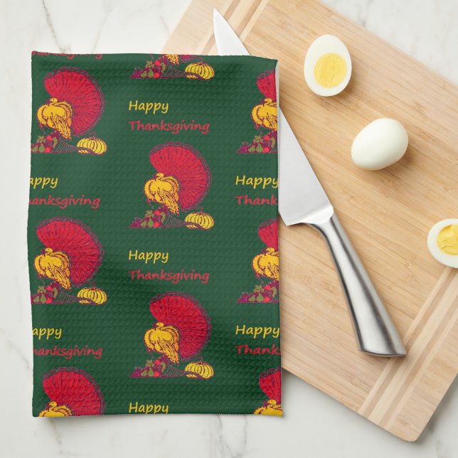 Turkey and veggies happy Thanksgiving green Tea Towel (Quarter Fold)