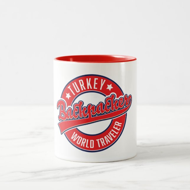 Turkey backpacker world traveller retro logo. Two-Tone coffee mug (Center)