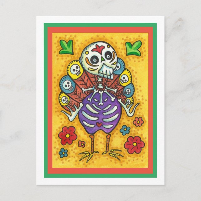 TURKEY BONES COLORFUL FOLK THANKSGIVING BIRD SKULL HOLIDAY POSTCARD (Front)