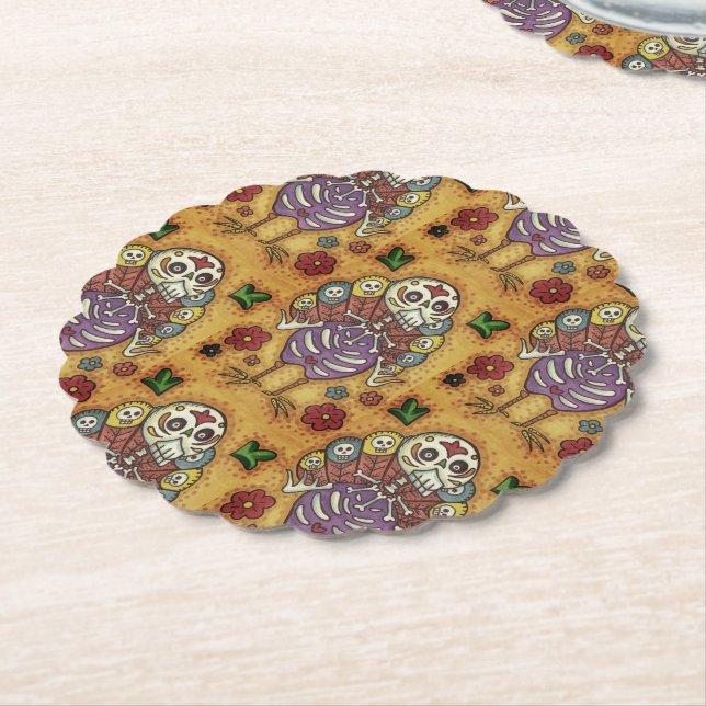 TURKEY BONES COLORFUL FOLK THANKSGIVING BIRD SKULL PAPER COASTER (Angled)
