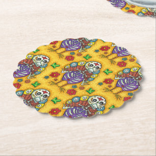 TURKEY BONES COLORFUL FOLK THANKSGIVING BIRD SKULL PAPER COASTER