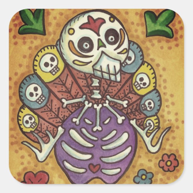 TURKEY BONES COLORFUL FOLK THANKSGIVING BIRD SKULL SQUARE STICKER (Front)