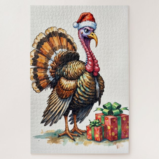 Turkey Clumsily Hiding with Paper Santa Hat Jigsaw Puzzle (Vertical)