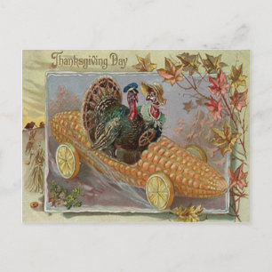 Turkey Couple Corn Car Fall Leaves Postcard