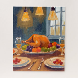 Turkey Dinner   Happy Thanksgiving Painted Holiday Jigsaw Puzzle