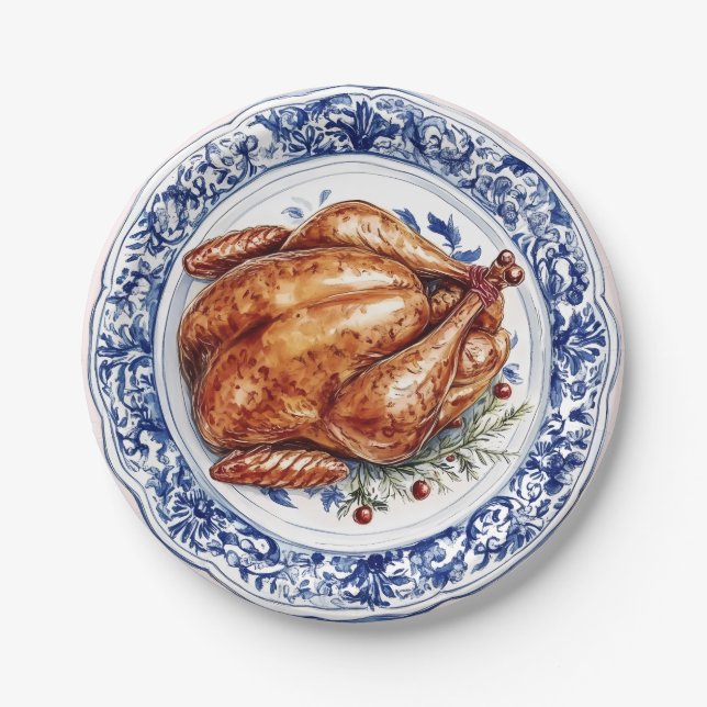 Turkey Dinner on a Blue Chinoiserie Plate (Front)