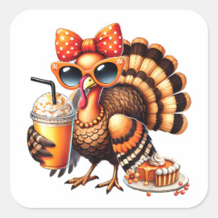 Turkey Drinking Coffee Bow Thanksgiving Turkey Day Square Sticker