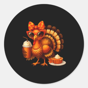 Turkey Drinking Coffee Bow Thanksgiving Womens Tur Classic Round Sticker