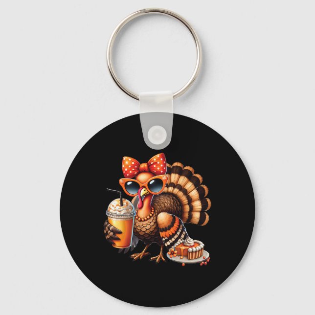 Turkey Drinking Coffee Bow Thanksgiving Womens Tur Key Ring (Front)