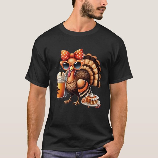 Turkey Drinking Coffee Bow Thanksgiving Womens Tur T-Shirt (Front)