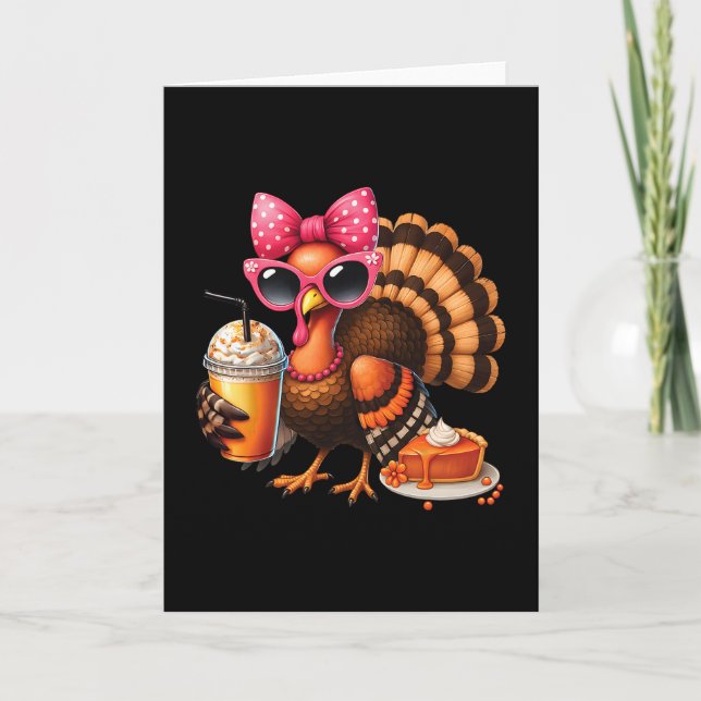 Turkey Drinking Coffee Thanksgiving Bow Womens Tur Card (Front)
