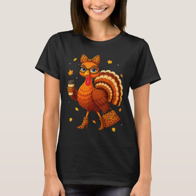 Turkey Drinking Coffee Thanksgiving Leopard Women  T-Shirt (Front)