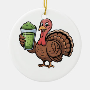 Turkey Drinking Matcha Lovers Thanksgiving Ceramic Tree Decoration
