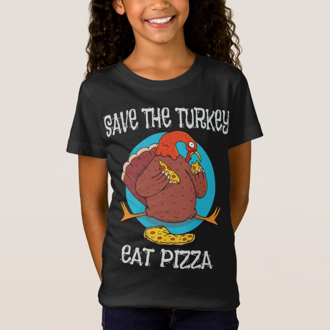 Turkey eating a pizza over a blue circular backgro T-Shirt (Front)