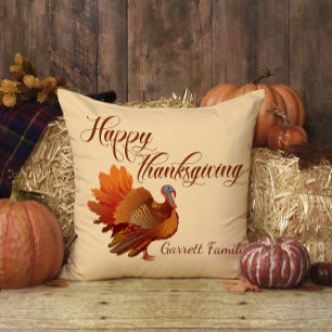 Turkey Fall Family Name Happy Thanksgiving Cushion
