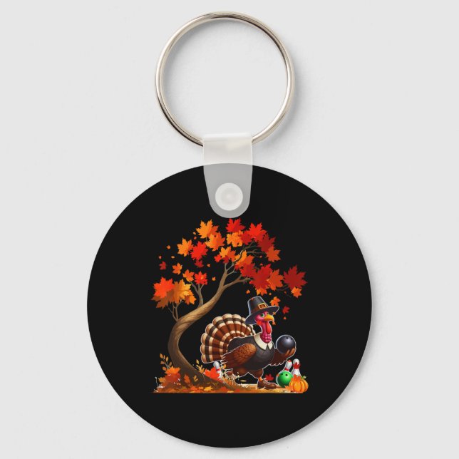 Turkey Fall Tree Thanksgiving Bowling Lover Player Key Ring (Front)