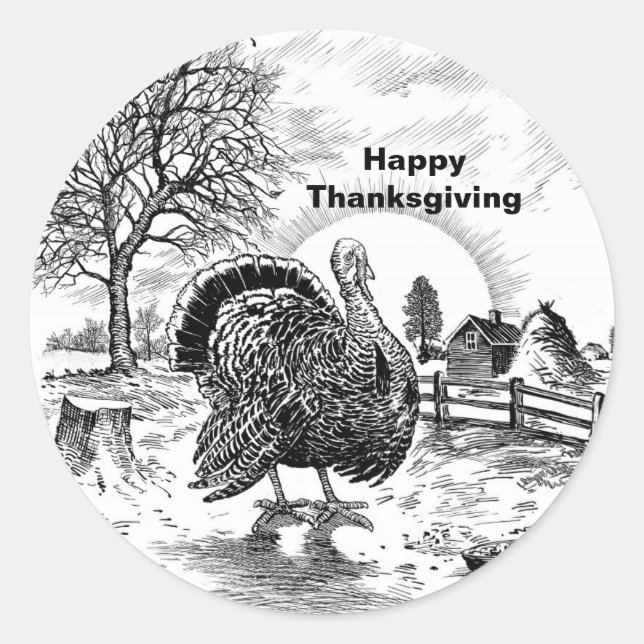Turkey Farm Drawing Thanksgiving Classic Round Sticker (Front)