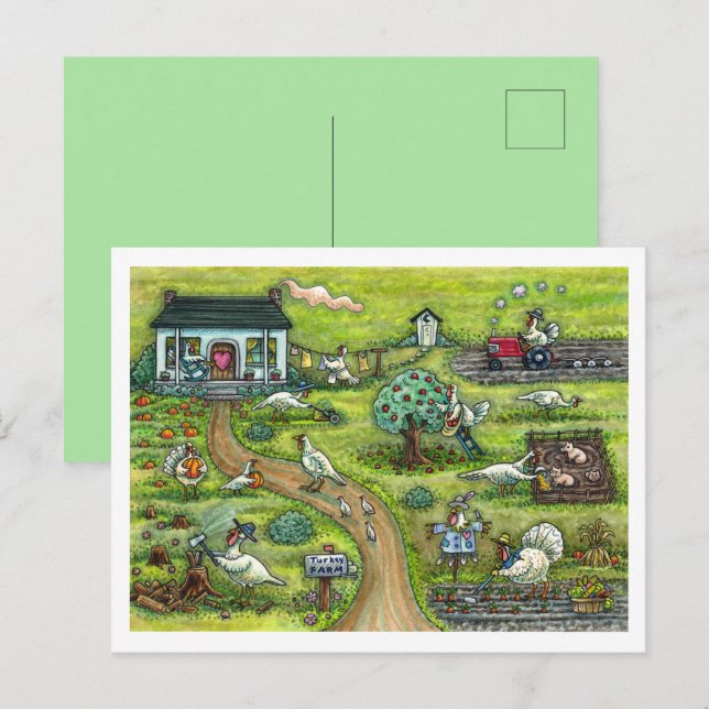 TURKEY FARM, HUMOROUS COUNTRY THANKSGIVING BIRDS HOLIDAY POSTCARD (Front/Back)