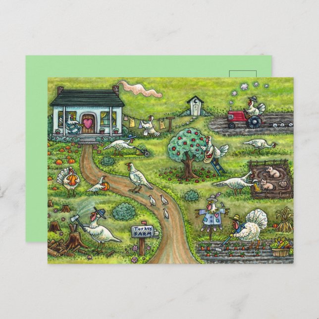 TURKEY FARM, HUMOROUS COUNTRY THANKSGIVING BIRDS HOLIDAY POSTCARD (Front/Back)